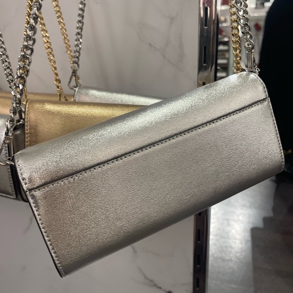 MICHAEL KORS Jet Set Medium Embellished Metallic Leather Flap Clutch Crossbody - Picture 9 of 15
